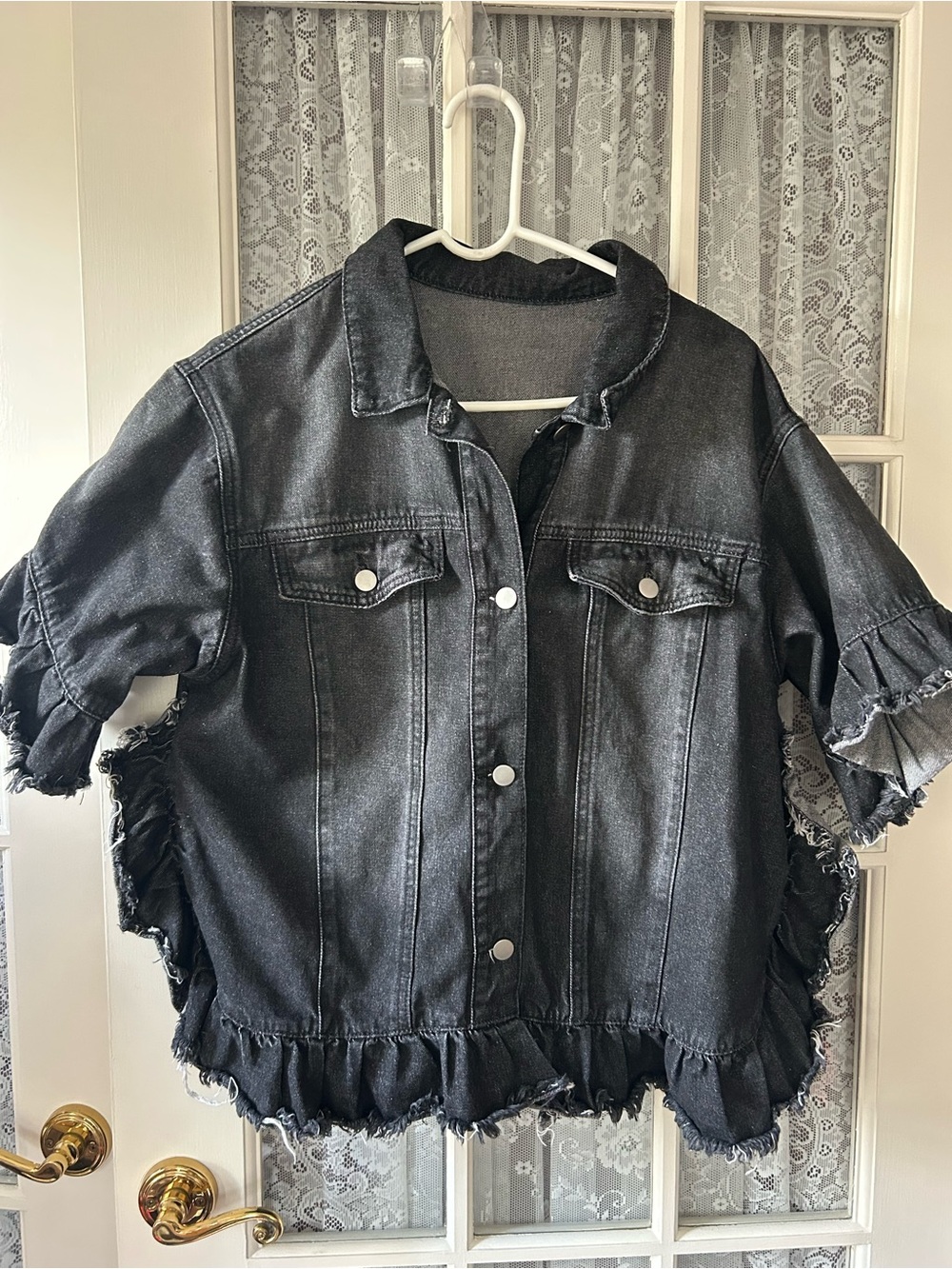 Washed Black Ruffle Hem Denim Jacket - Women Sz L